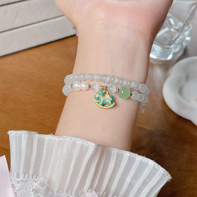 Buddha Stones Year Of The Horse Chrysoberyl Glass Bead Peace Love Double-layered Bracelet - image 2