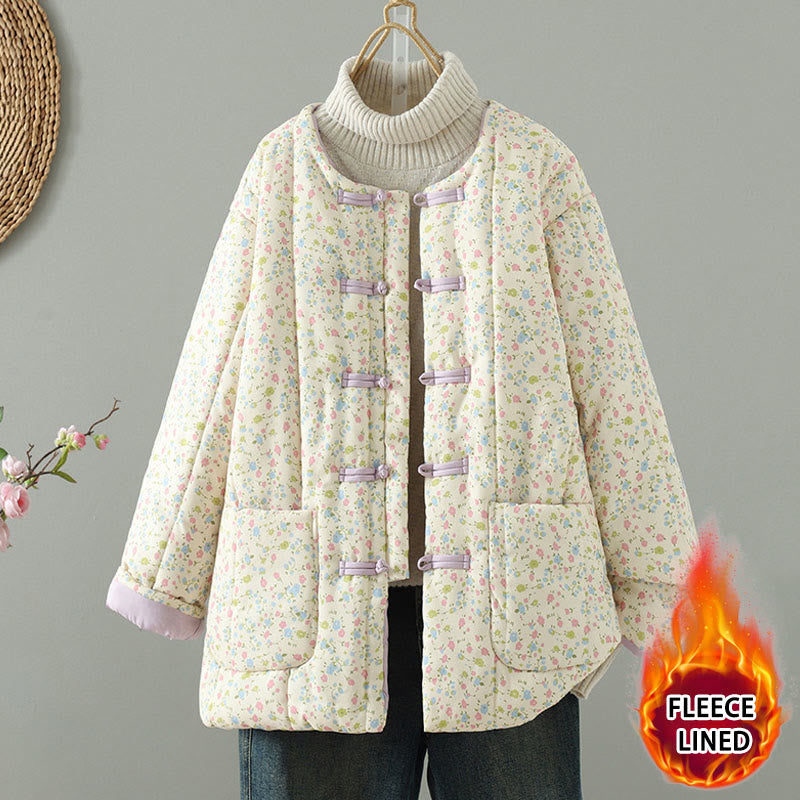 Buddha Stones Button Design Floral Pattern Women's Cotton Long Sleeve Thickened Jacket With Pockets - Cornsilk - US8-10，UK/AU12-14，EU40-42 (2XL) - image 0