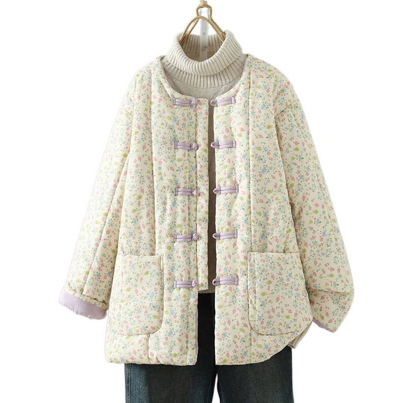 Buddha Stones Button Design Floral Pattern Women's Cotton Long Sleeve Thickened Jacket With Pockets - image 10