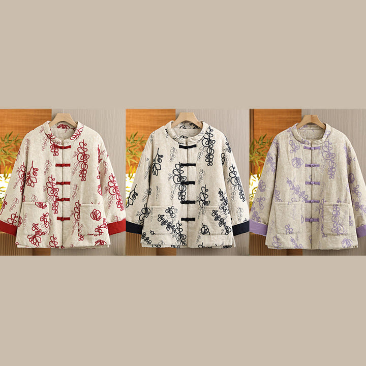 Buddha Stones Women's Winter Long Sleeve Stand Collar Frog-buttons Cotton-padded Jacket With Pockets - image 27