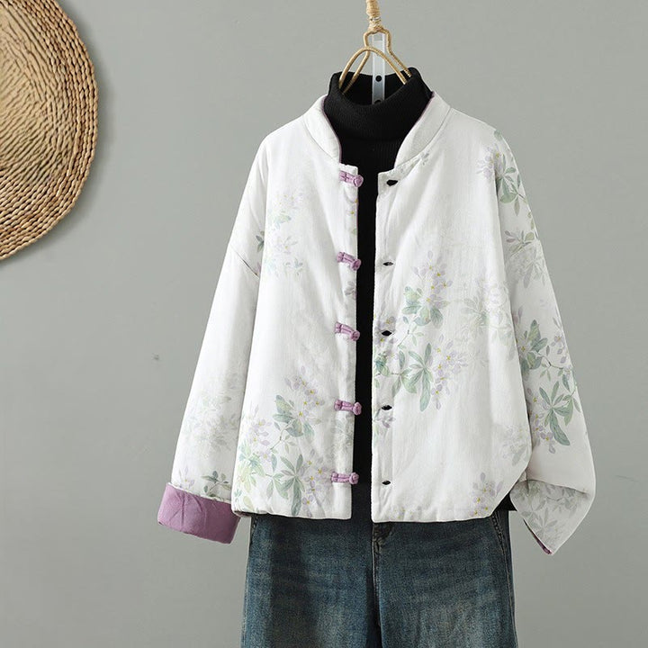 Buddha Stones Women's Printing Flower Pattern Long Sleeve Frog-buttons Cotton Jacket - Snow - US12，UK/AU16，EU44 (2XL) - image 0