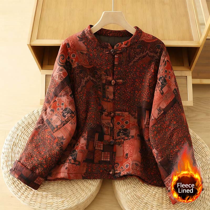 Buddha Stones Women's Ethnic Floral Long Sleeve Frog-buttons Cotton Thermal Jacket - FireBrick - US12，UK/AU16，EU44 (XL) - image 0