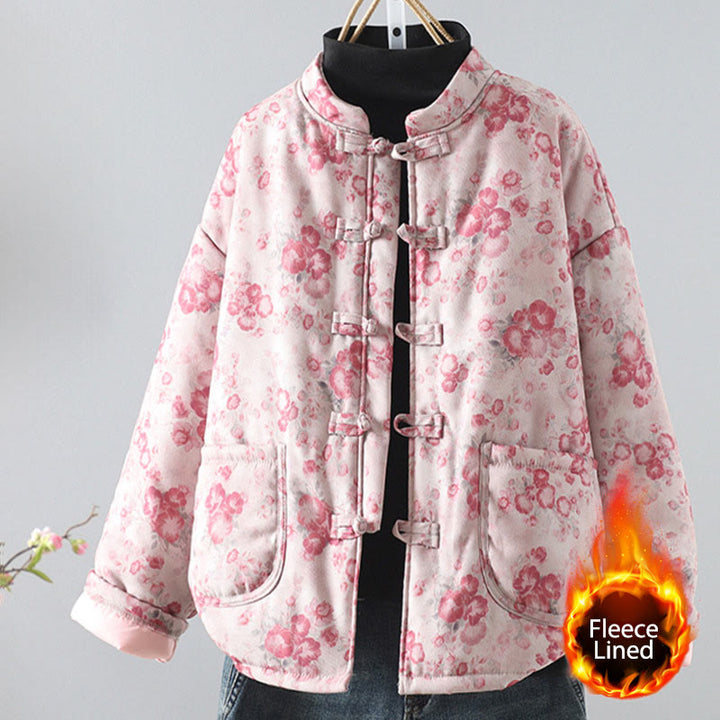 Buddha Stones Women's Commute LightPink Printing Floral Frog-buttons Cotton Long Sleeve Jacket - LightPink - US12，UK/AU16，EU44 (2XL) - image 0