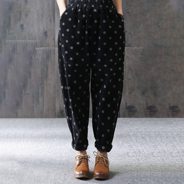 Buddha Stones Women's Fall Commute Printing Dot Pattern Corduroy Harem Pants With Pockets - image 8