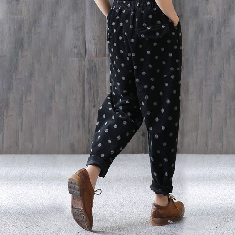 Buddha Stones Women's Fall Commute Printing Dot Pattern Corduroy Harem Pants With Pockets - image 12