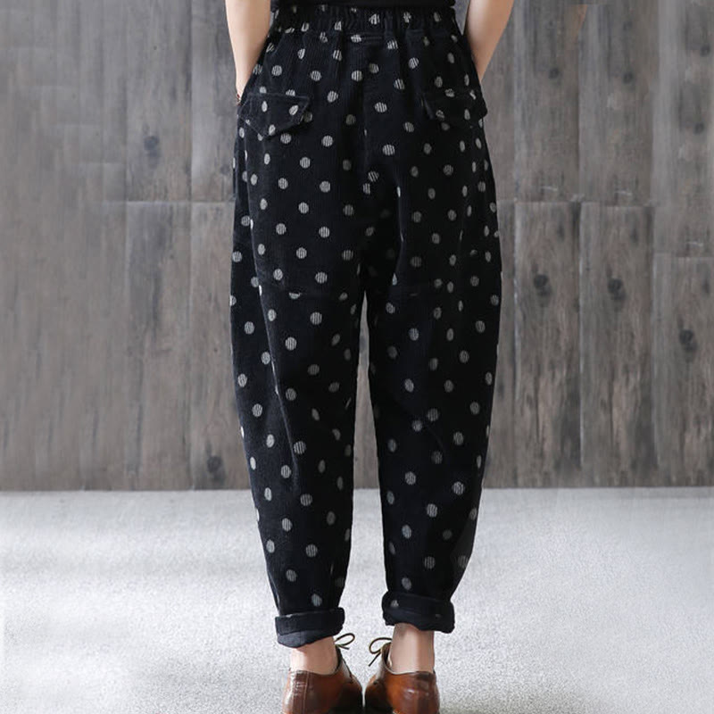 Buddha Stones Women's Fall Commute Printing Dot Pattern Corduroy Harem Pants With Pockets - image 11