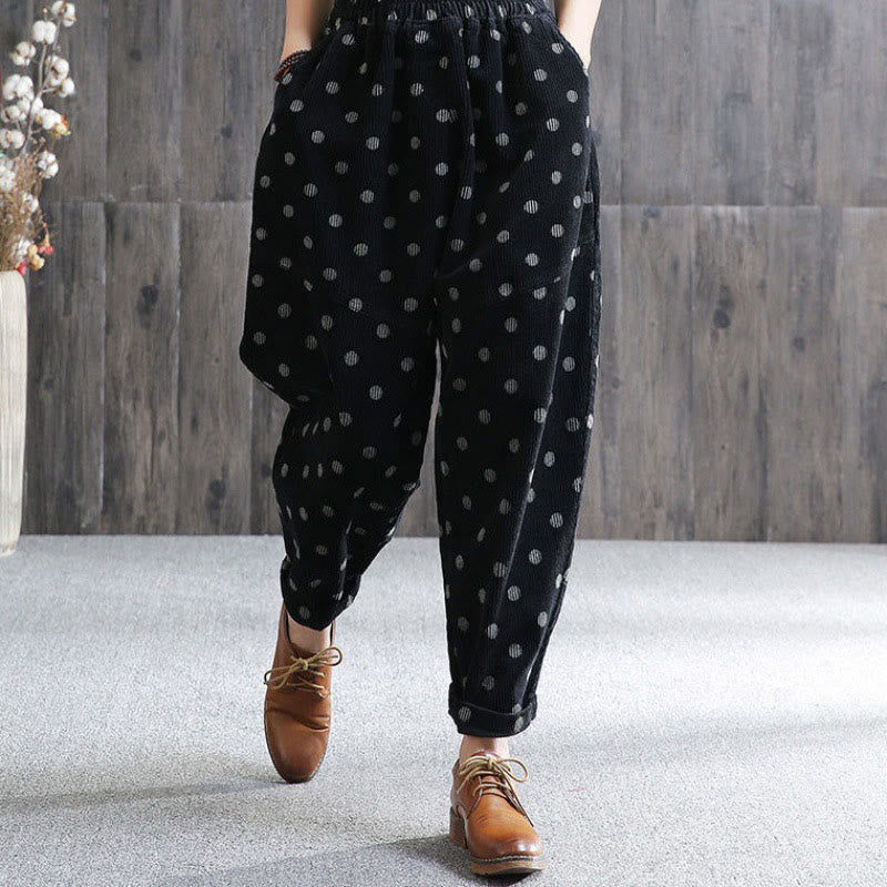 Buddha Stones Women's Fall Commute Printing Dot Pattern Corduroy Harem Pants With Pockets - MidnightBlue - US8-10，UK/AU12-14，EU40-42 (2XL) - image 7
