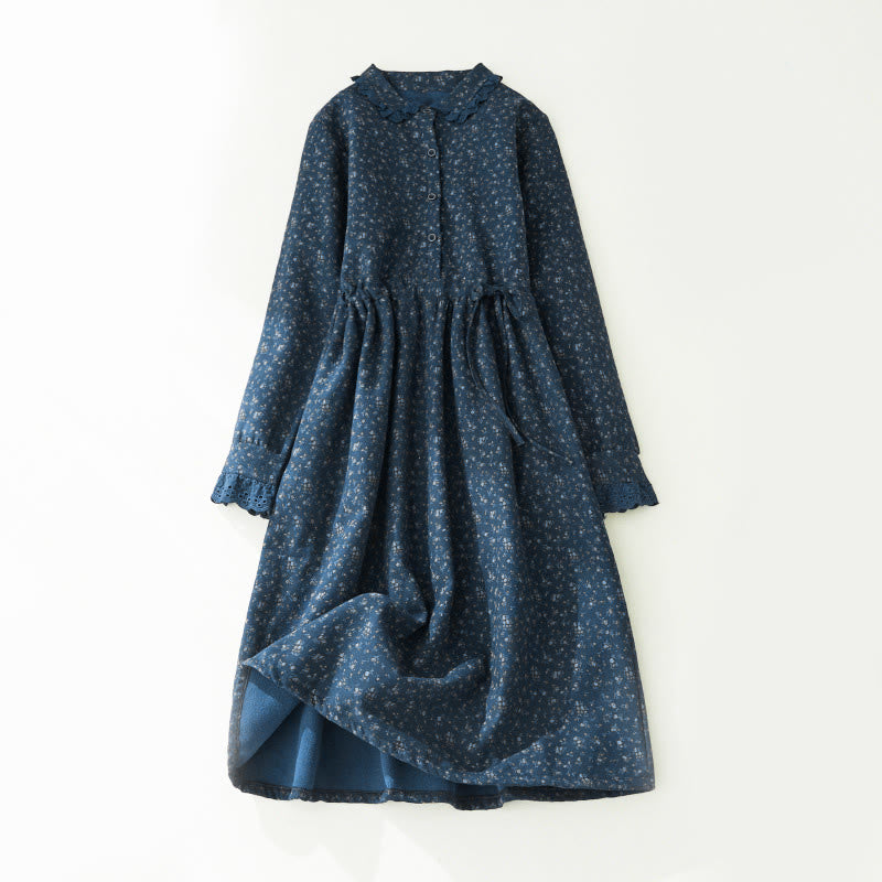 Buddha Stones Floral Pattern Lace Patchwork Design Long Sleeve Corduroy Midi Dress With Pockets - image 10