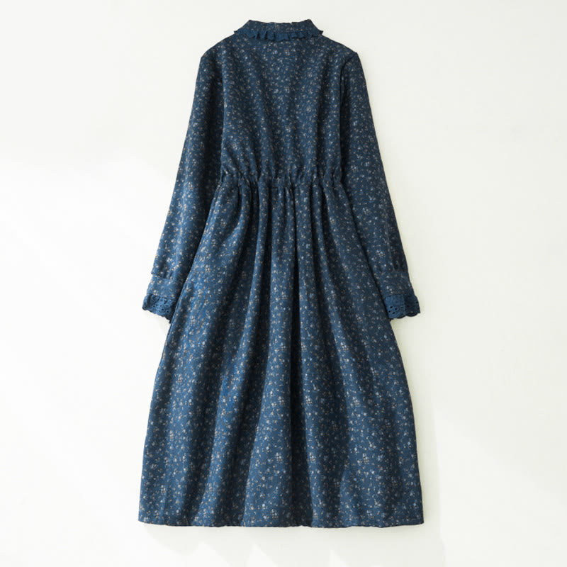 Buddha Stones Floral Pattern Lace Patchwork Design Long Sleeve Corduroy Midi Dress With Pockets - image 9