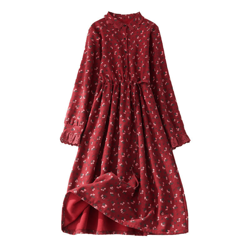 Buddha Stones Floral Pattern Lace Patchwork Design Long Sleeve Corduroy Midi Dress With Pockets - image 2