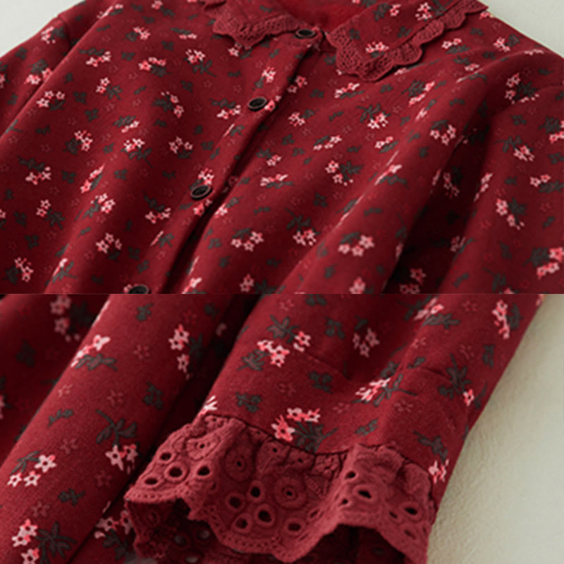 Buddha Stones Floral Pattern Lace Patchwork Design Long Sleeve Corduroy Midi Dress With Pockets - image 4