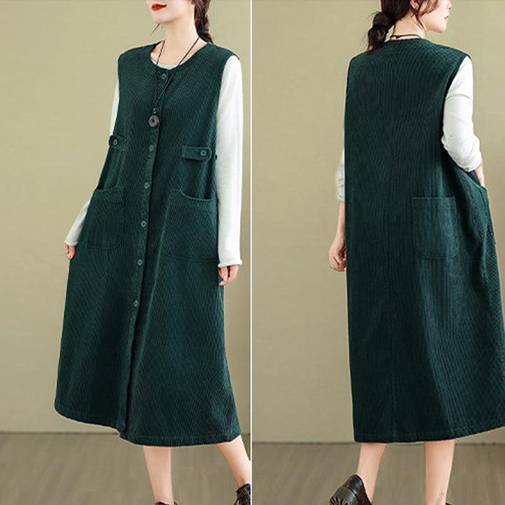 Buddha Stones Pure Colo Buttons Sleeveless Midi Dress With Pockets - image 10