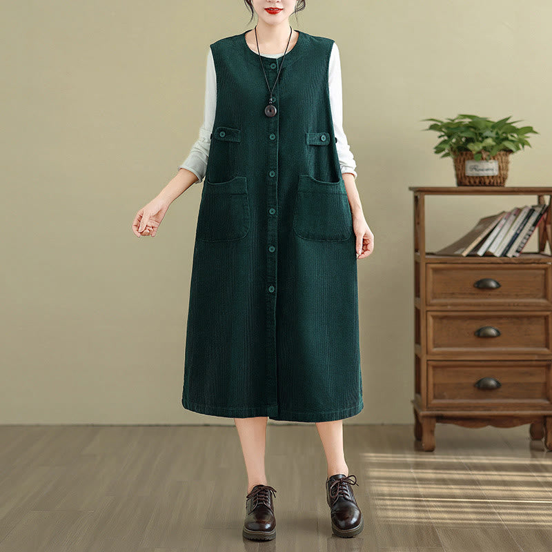 Buddha Stones Pure Colo Buttons Sleeveless Midi Dress With Pockets - DarkGreen - US8-10，UK/AU12-14，EU40-42 (2XL) - image 6