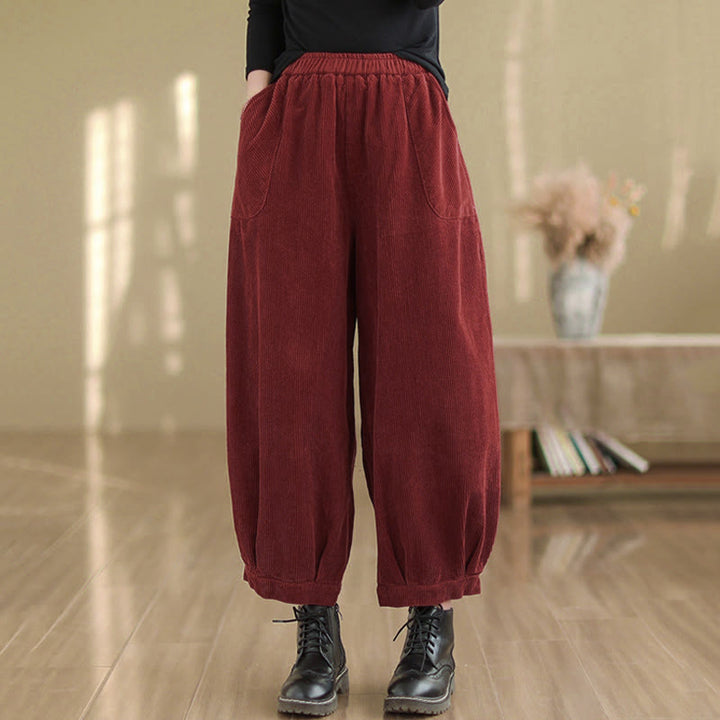 Buddha Stones Plain Elastic Waistband Design Women's Corduroy Harem Pants With Pockets - image 15