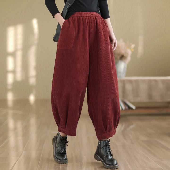 Buddha Stones Plain Elastic Waistband Design Women's Corduroy Harem Pants With Pockets - FireBrick - US8-10，UK/AU12-14，EU40-42 (2XL) - image 12