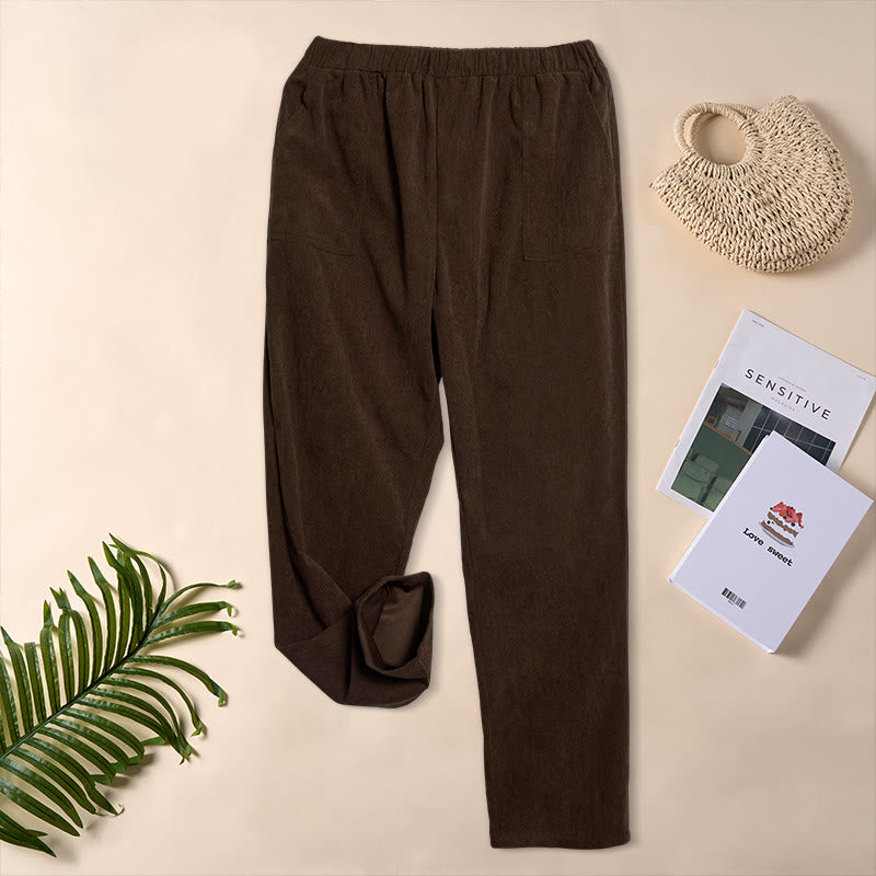 Buddha Stones Women's Commute Pure Color Corduroy Pants With Pockets - image 4