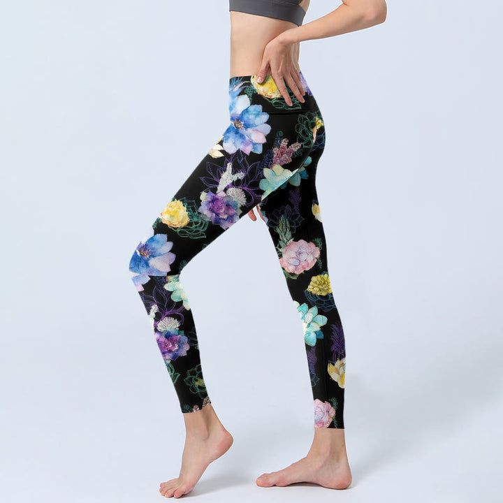 Buddha Stones Colorful Watercolor Style Flower Pattern Print Gym Leggings Women's Yoga Pants - image 2
