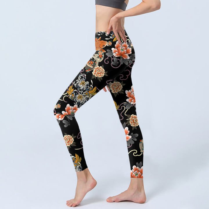 Buddha Stones Koi Fish Peony Chrysanthemum Clouds Pattern Print Gym Leggings Women's Yoga Pants - image 2