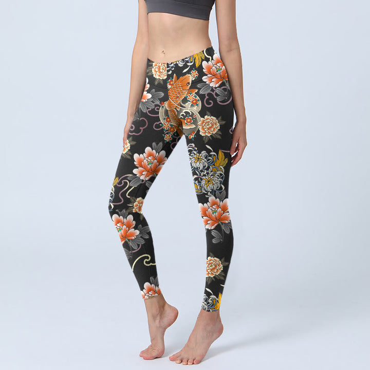 Buddha Stones Koi Fish Peony Chrysanthemum Clouds Pattern Print Gym Leggings Women's Yoga Pants - Black - US18，UK/AU22，EU50 (4XL) - image 0