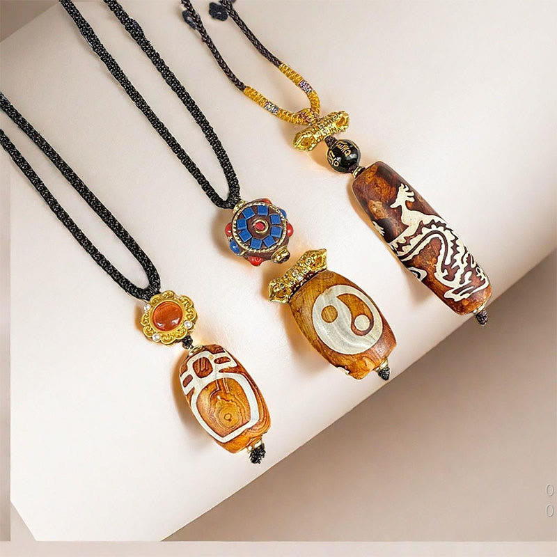 Buddha Stones Tibetan Agate Carved God of Wealth Nine-eye Dzi Bead Blessing Necklace Pendant - image 4