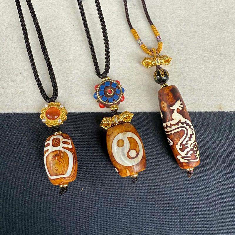 Buddha Stones Tibetan Agate Carved God of Wealth Nine-eye Dzi Bead Blessing Necklace Pendant - image 6