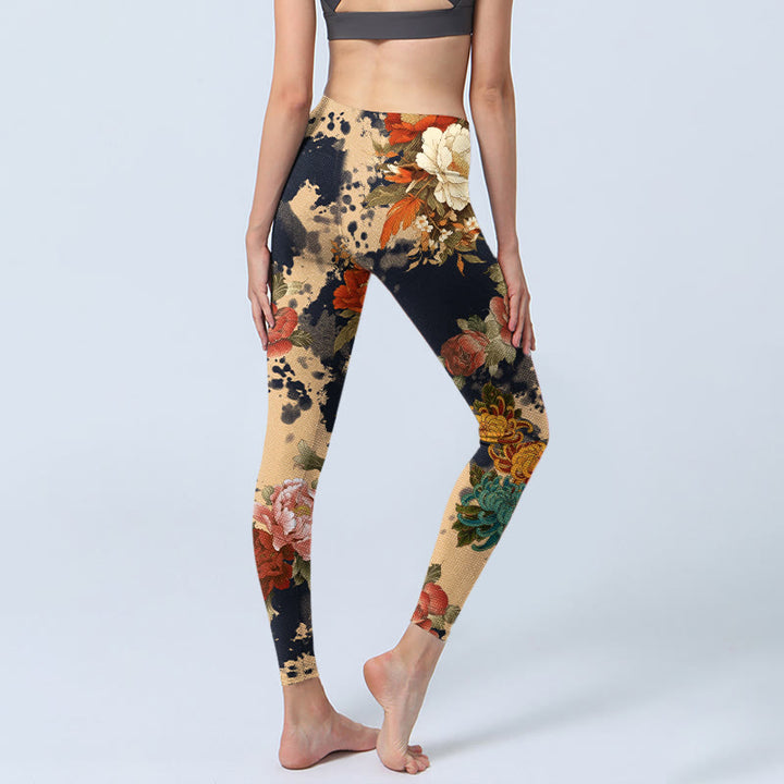 Buddha Stones Ink Painting Style Peony Chrysanthemums Pattern Print Gym Leggings Women's Yoga Pants - image 4