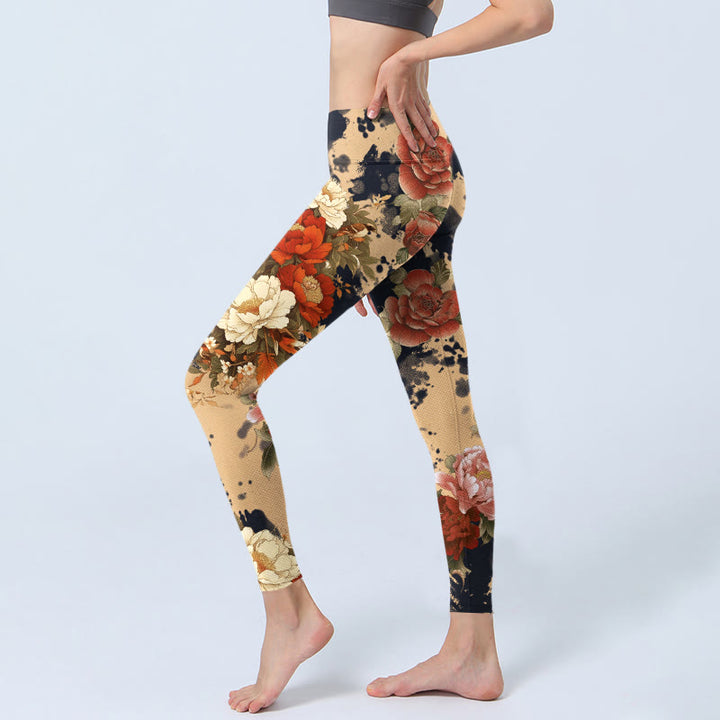 Buddha Stones Ink Painting Style Peony Chrysanthemums Pattern Print Gym Leggings Women's Yoga Pants - image 2