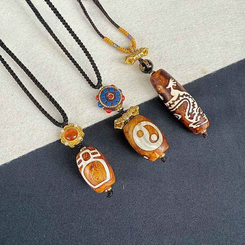 Buddha Stones Tibetan Agate Dragon Pattern Nine-eye Dzi Protection Necklace Pendant - image 4