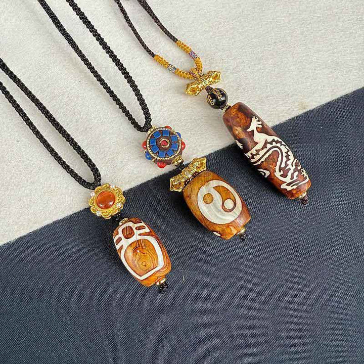 Buddha Stones Tibetan Agate Dragon Pattern Nine-eye Dzi Protection Necklace Pendant - image 4
