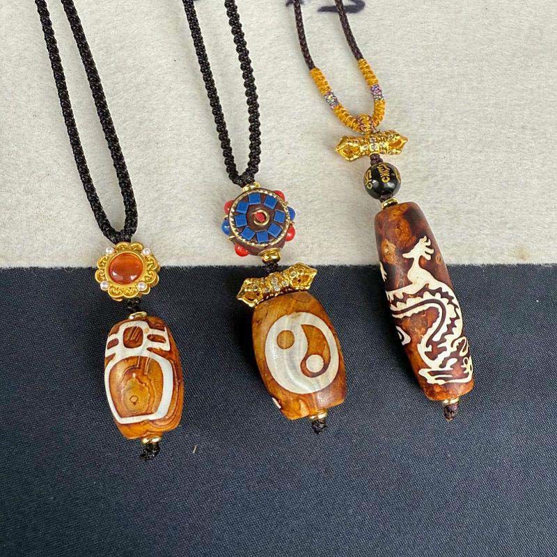 Buddha Stones Tibetan Agate Dragon Pattern Nine-eye Dzi Protection Necklace Pendant - image 6