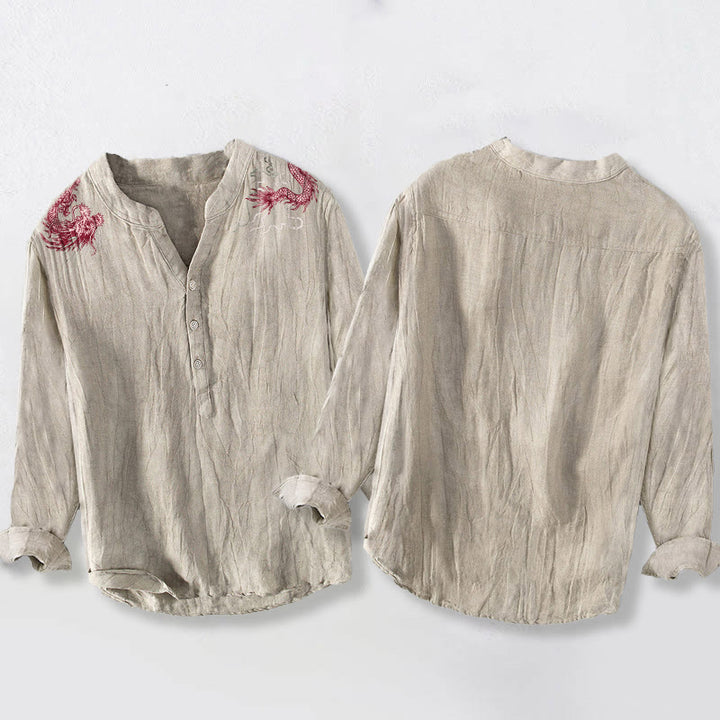 Buddha Stones Red Dragon Pattern Half Buttons Men's Cotton Linen Long Sleeve Shirt - image 8