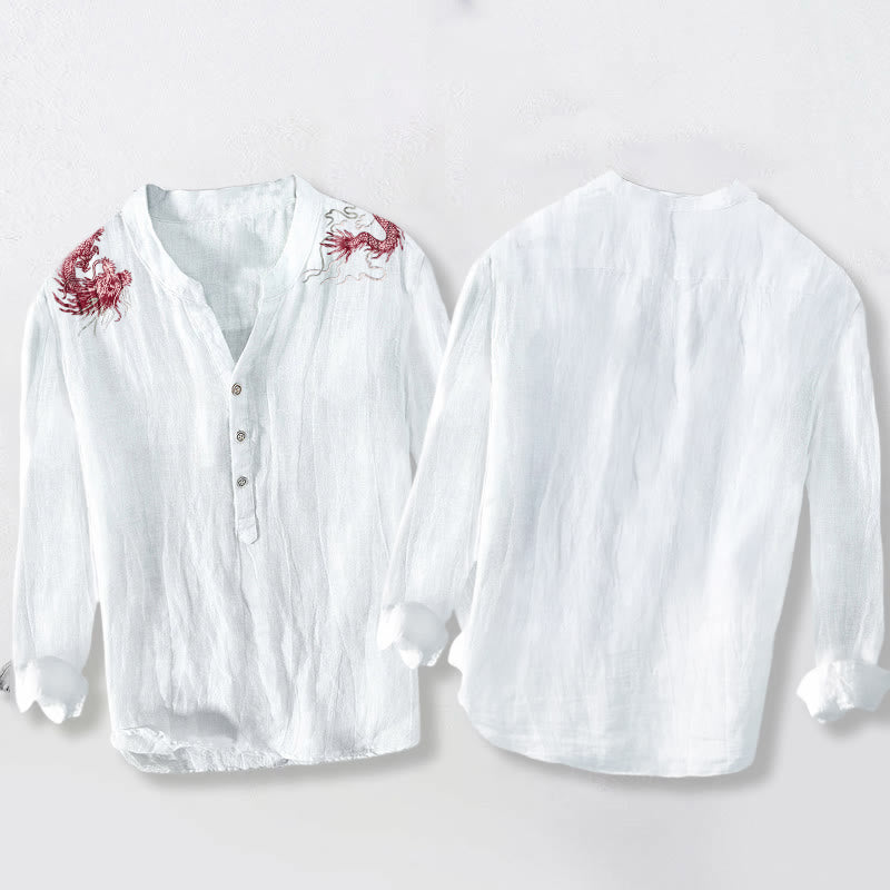Buddha Stones Red Dragon Pattern Half Buttons Men's Cotton Linen Long Sleeve Shirt - image 5