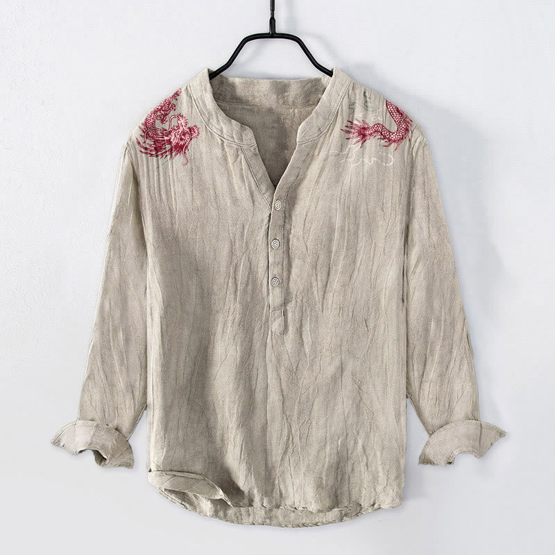 Buddha Stones Red Dragon Pattern Half Buttons Men's Cotton Linen Long Sleeve Shirt - Linen - US/UK/AU50，EU60 (5XL) - image 6