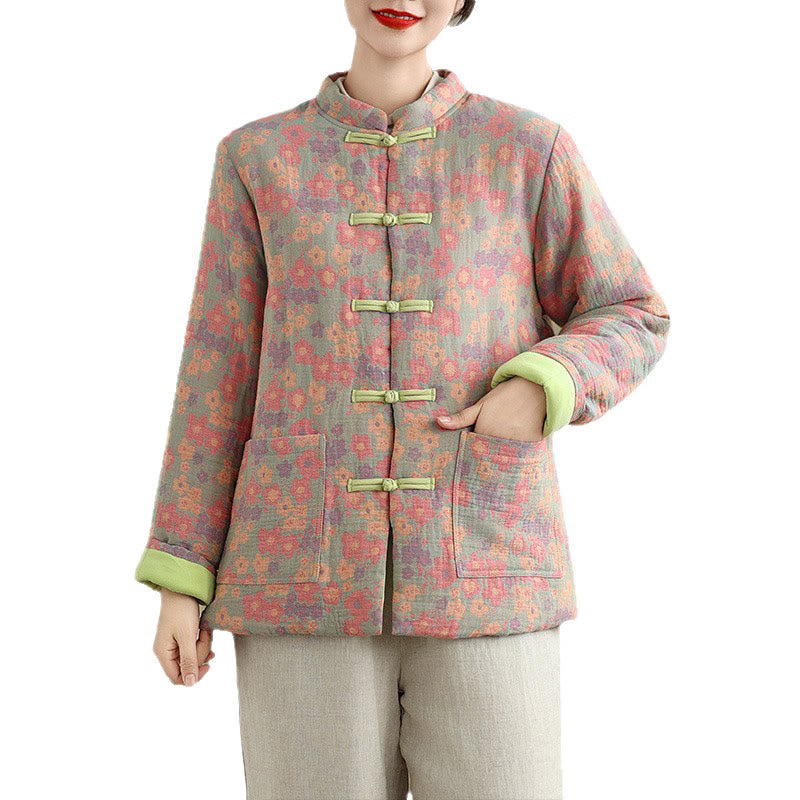 Buddha Stones Women's Winter Thicken Cotton Floral Pattern Long Sleeve Jacket With Pockets - image 6