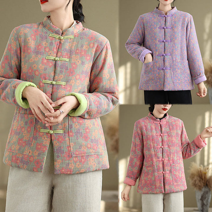Buddha Stones Women's Winter Thicken Cotton Floral Pattern Long Sleeve Jacket With Pockets - image 26