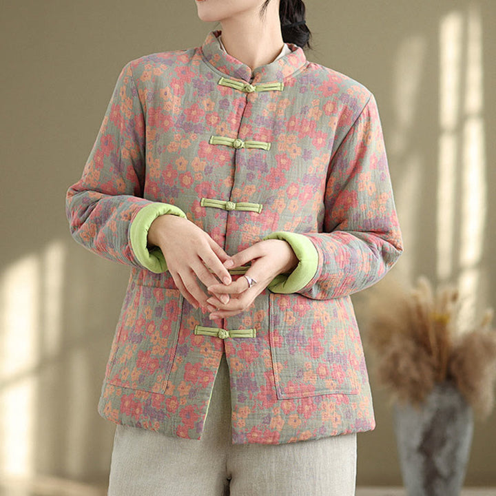 Buddha Stones Women's Winter Thicken Cotton Floral Pattern Long Sleeve Jacket With Pockets - image 4