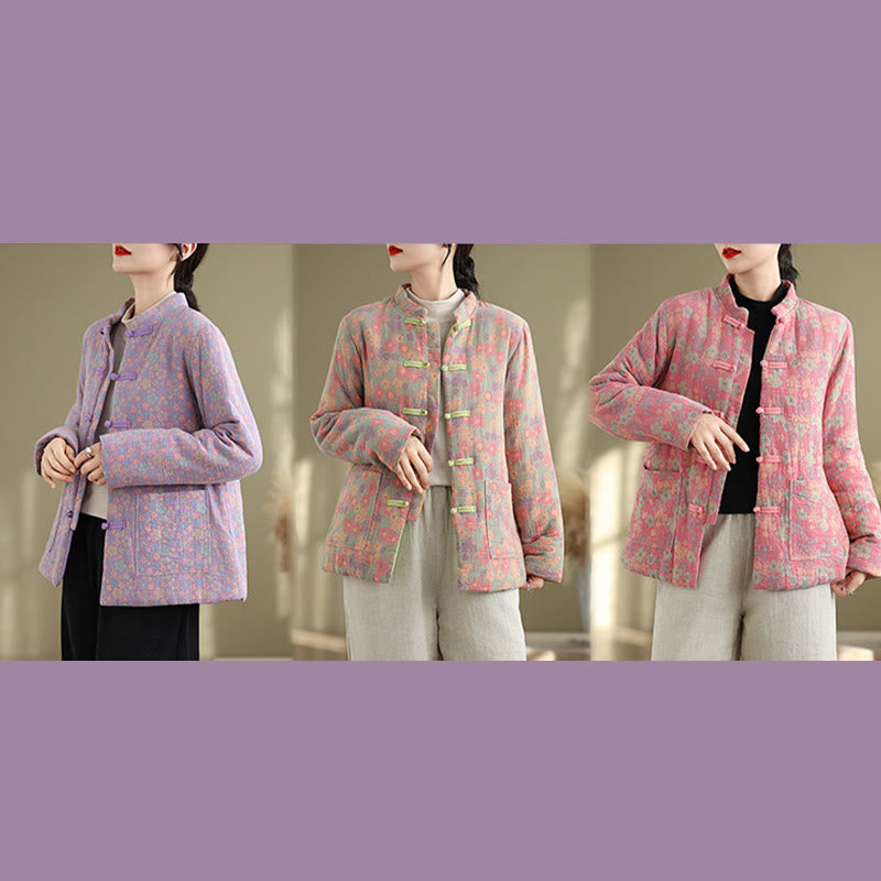 Buddha Stones Women's Winter Thicken Cotton Floral Pattern Long Sleeve Jacket With Pockets - image 27