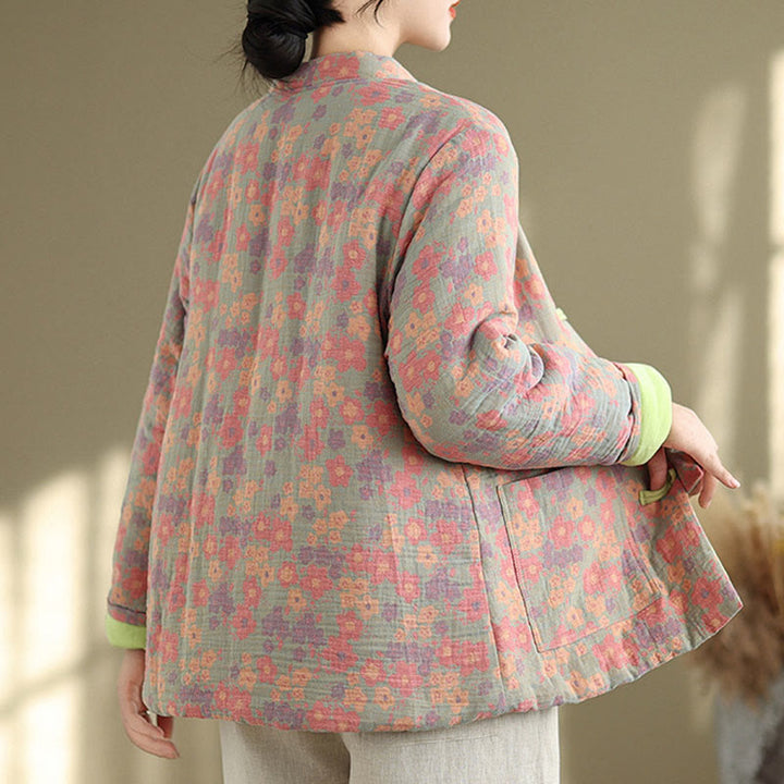 Buddha Stones Women's Winter Thicken Cotton Floral Pattern Long Sleeve Jacket With Pockets - image 5