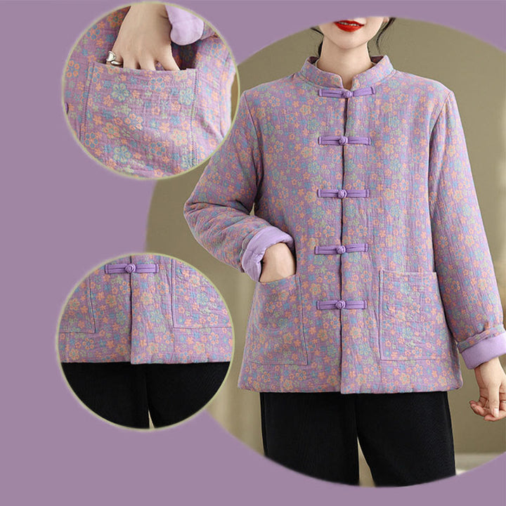 Buddha Stones Women's Winter Thicken Cotton Floral Pattern Long Sleeve Jacket With Pockets - image 25