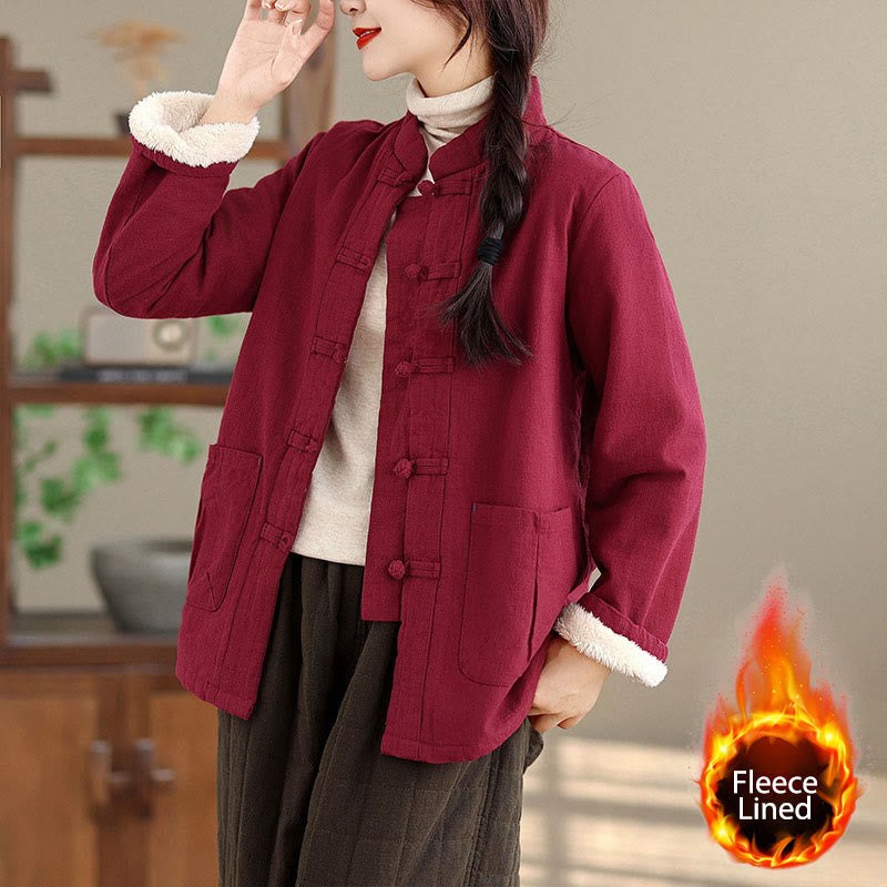 Buddha Stones Women's Plain Cotton-padded Buttons Design Long Sleeve Thermal Jacket With Pockets - DarkRed - US14，UK/AU18，EU46 (2XL) - image 0