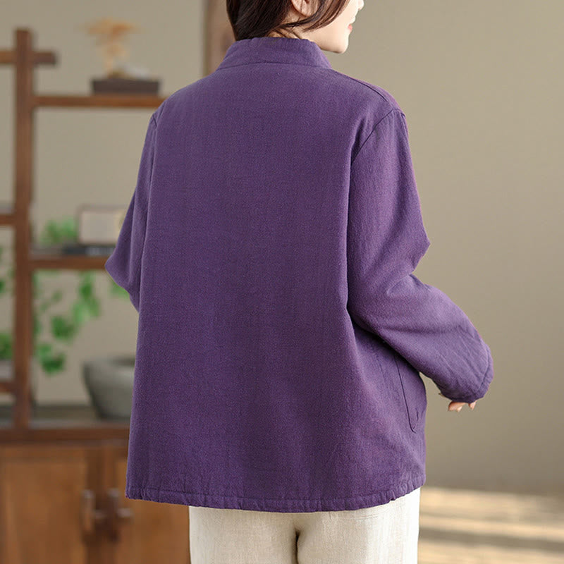 Buddha Stones Women's Plain Cotton-padded Buttons Design Long Sleeve Thermal Jacket With Pockets - image 14