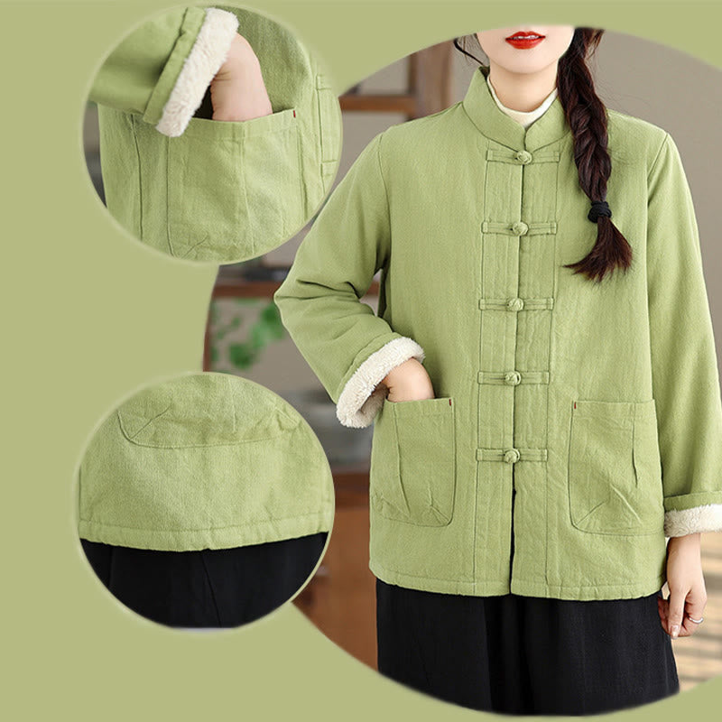 Buddha Stones Women's Plain Cotton-padded Buttons Design Long Sleeve Thermal Jacket With Pockets - image 27