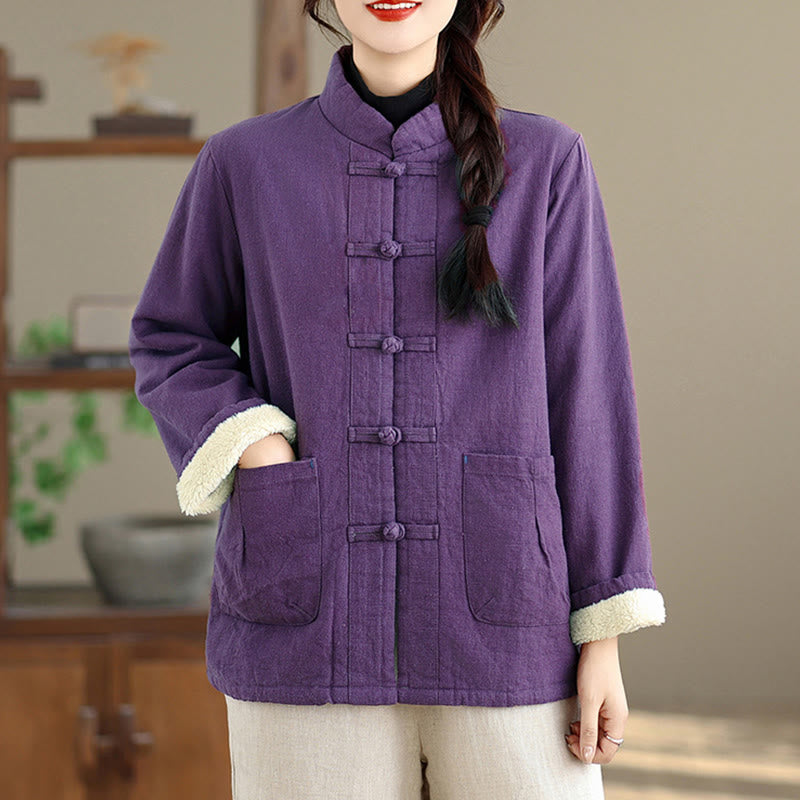 Buddha Stones Women's Plain Cotton-padded Buttons Design Long Sleeve Thermal Jacket With Pockets - image 12