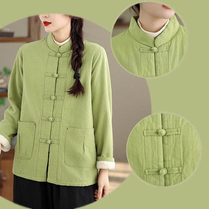 Buddha Stones Women's Plain Cotton-padded Buttons Design Long Sleeve Thermal Jacket With Pockets - image 26