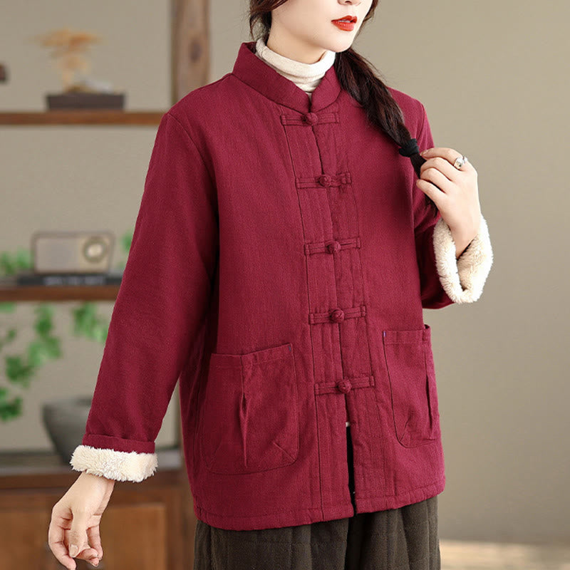 Buddha Stones Women's Plain Cotton-padded Buttons Design Long Sleeve Thermal Jacket With Pockets - image 6