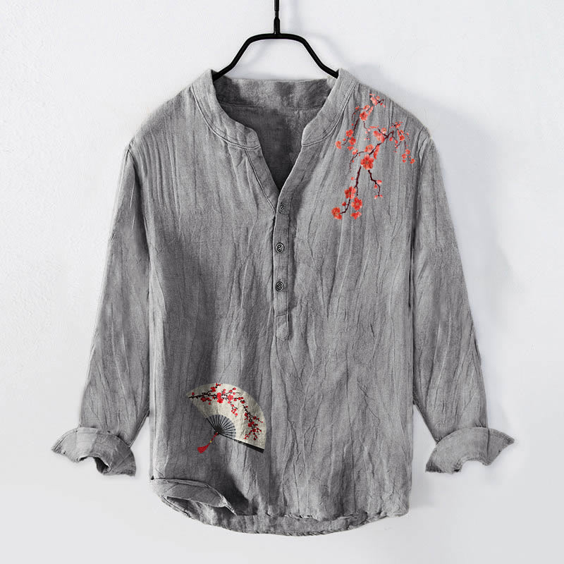 Buddha Stones Plum Blossoms Folding Fan Pattern Half Buttons Men's Cotton Linen Long Sleeve Shirt - Gray - US/UK/AU50，EU60 (5XL) - image 3