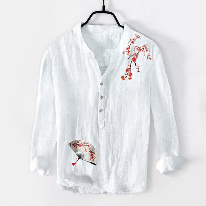 Buddha Stones Plum Blossoms Folding Fan Pattern Half Buttons Men's Cotton Linen Long Sleeve Shirt - White - US/UK/AU50，EU60 (5XL) - image 6