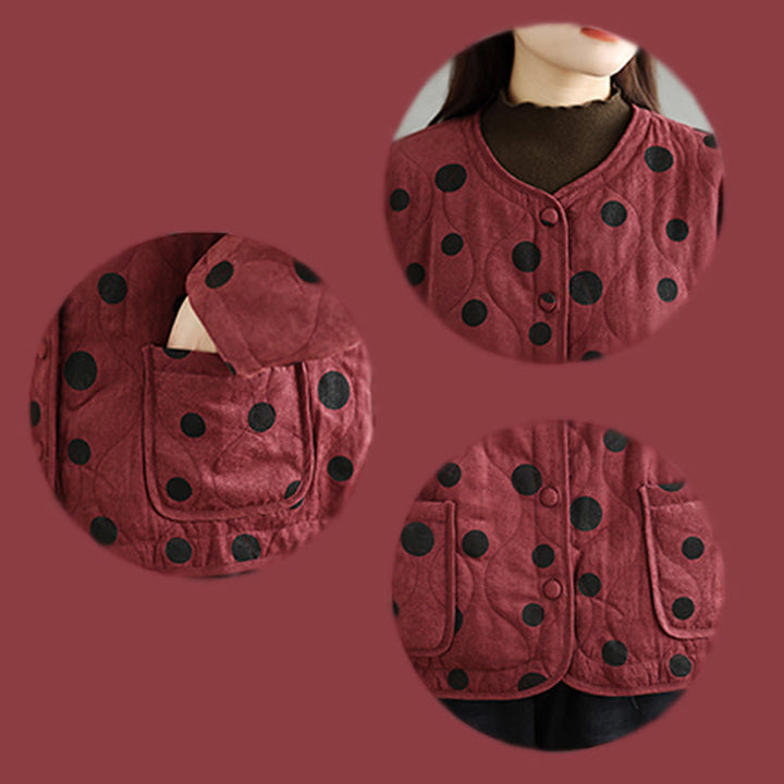 Buddha Stones Women's Reversible Design Dot Pattern Long Sleeve Thermal Cotton Jacket With Pockets - image 15