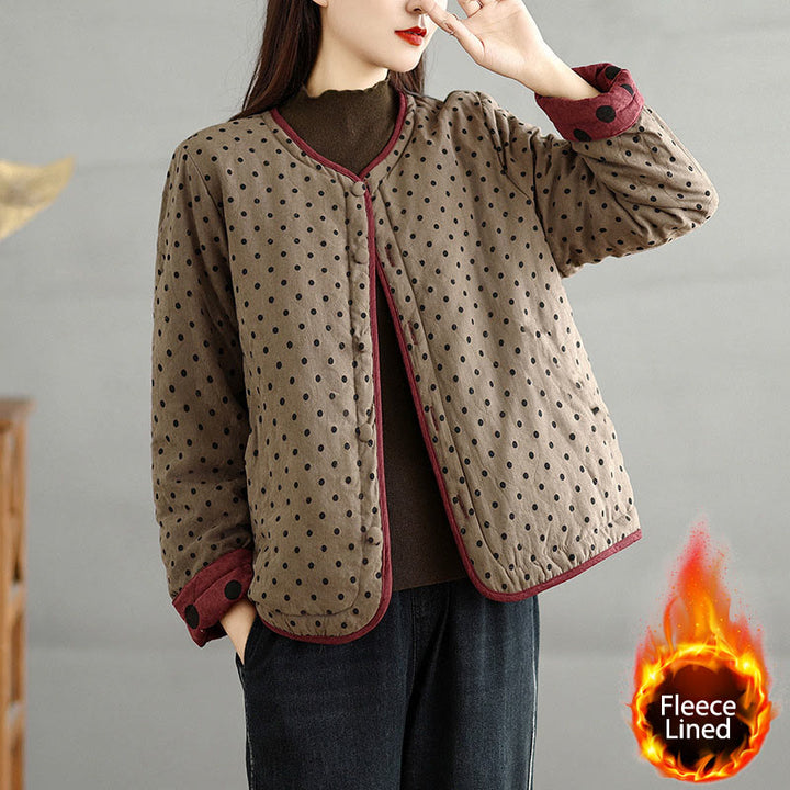 Buddha Stones Women's Reversible Design Dot Pattern Long Sleeve Thermal Cotton Jacket With Pockets - Tan - US14，UK/AU18，EU46 (2XL) - image 0