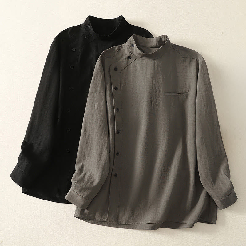 Buddha Stones Fall Stand Collar Chinese Frog-Button Simple Design Long Sleeve Women's Cotton Shirt - image 16